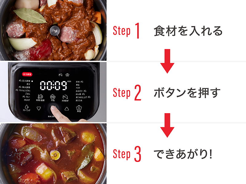 食材を入れる、ボタンを押す、で できあがり