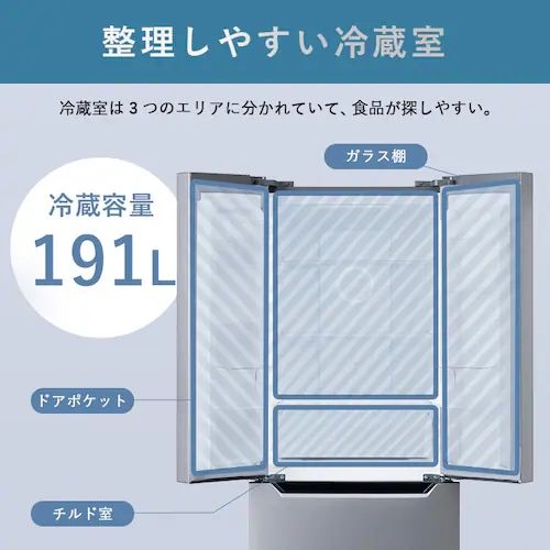 大容量＆開け閉めしやすい、フレンチドア冷蔵室191L
