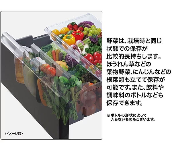 野菜やボトル類を立てて保存