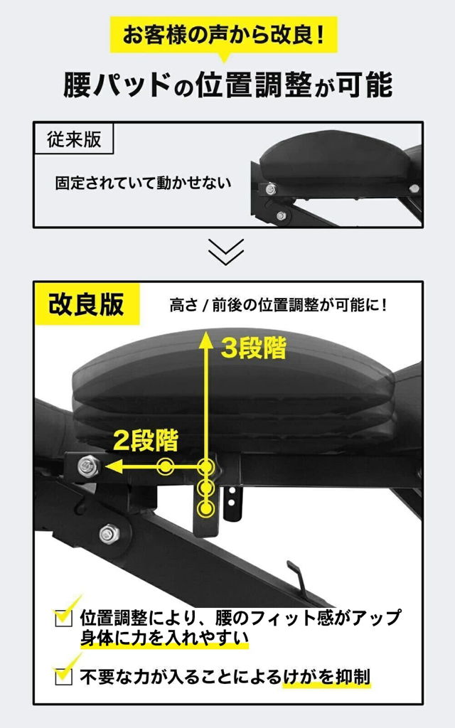 腰パッドの位置調節が可能