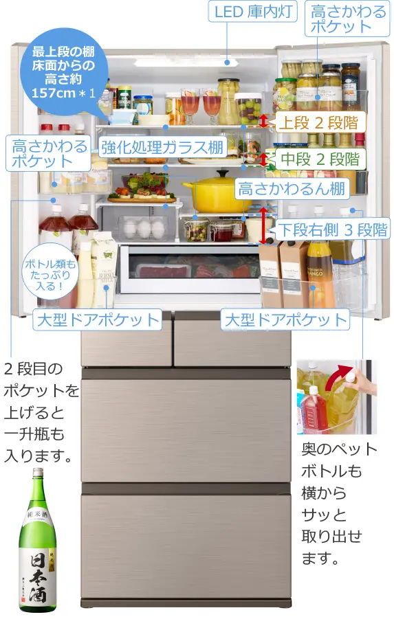 大きなものも小さなものも冷蔵室にすっきり収納