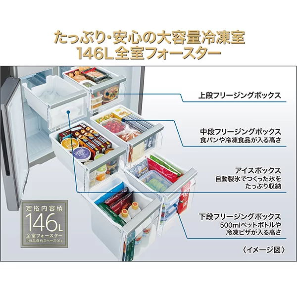 大容量6ボックスで整理しやすい冷凍室