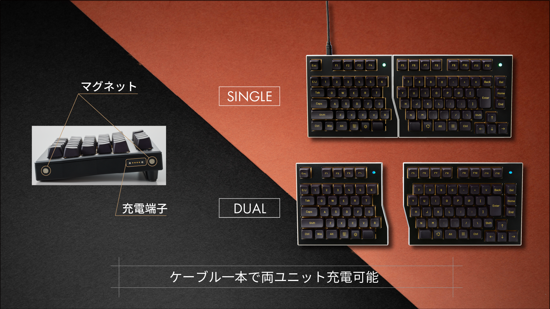 ケーブル一本で充電可能