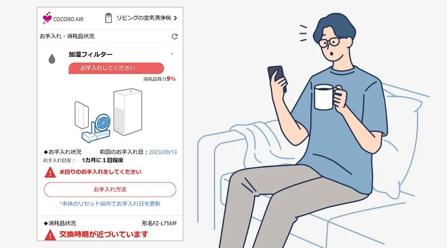 フィルターの交換目安、お手入れ時期などお知らせ