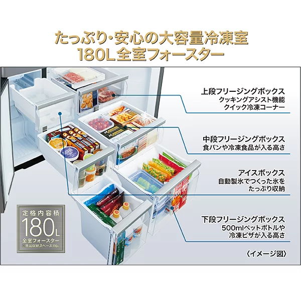 大容量6ボックスで整理しやすい冷凍室